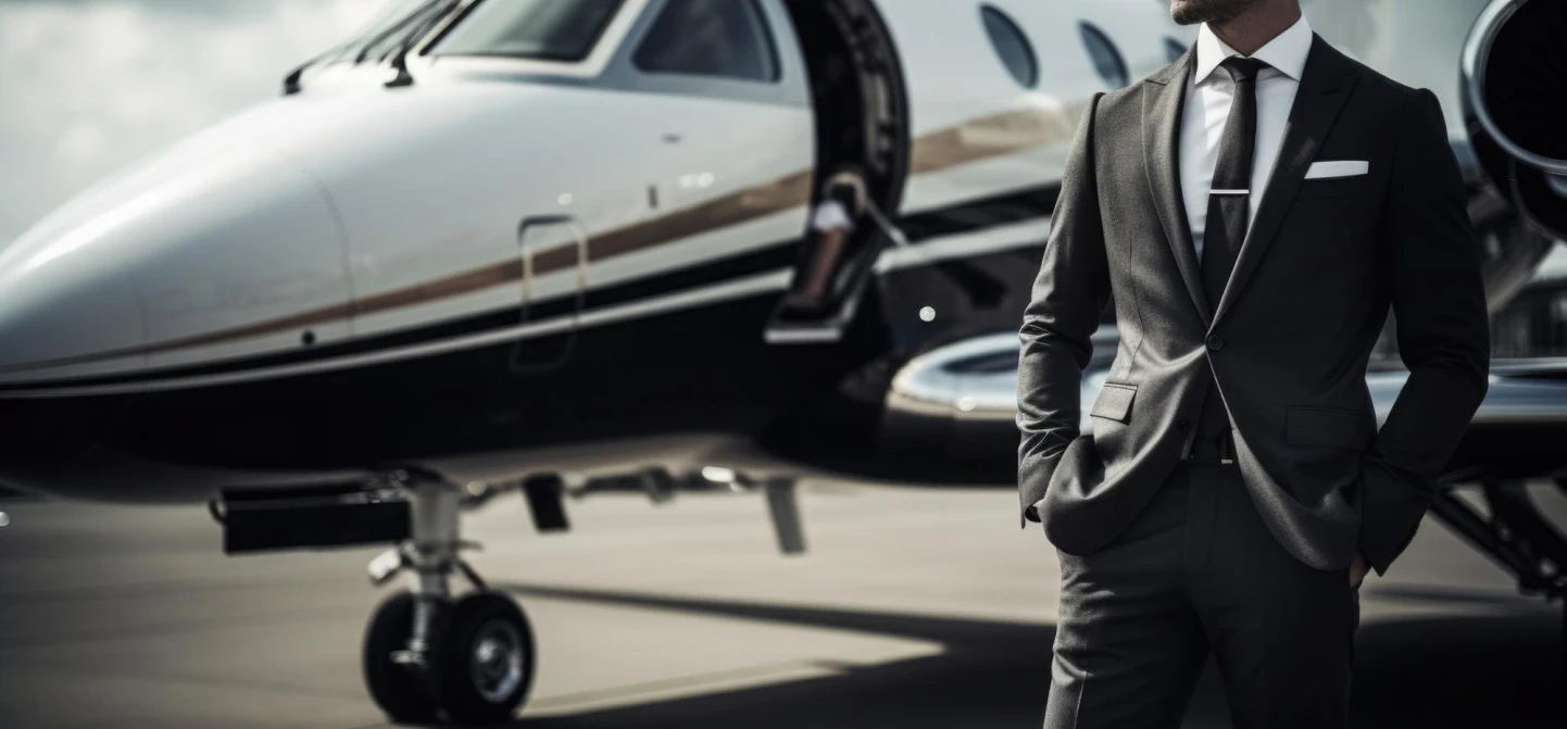 Chauffeur-driven BMW i7 waiting on the apron at a private aviation FBO near London